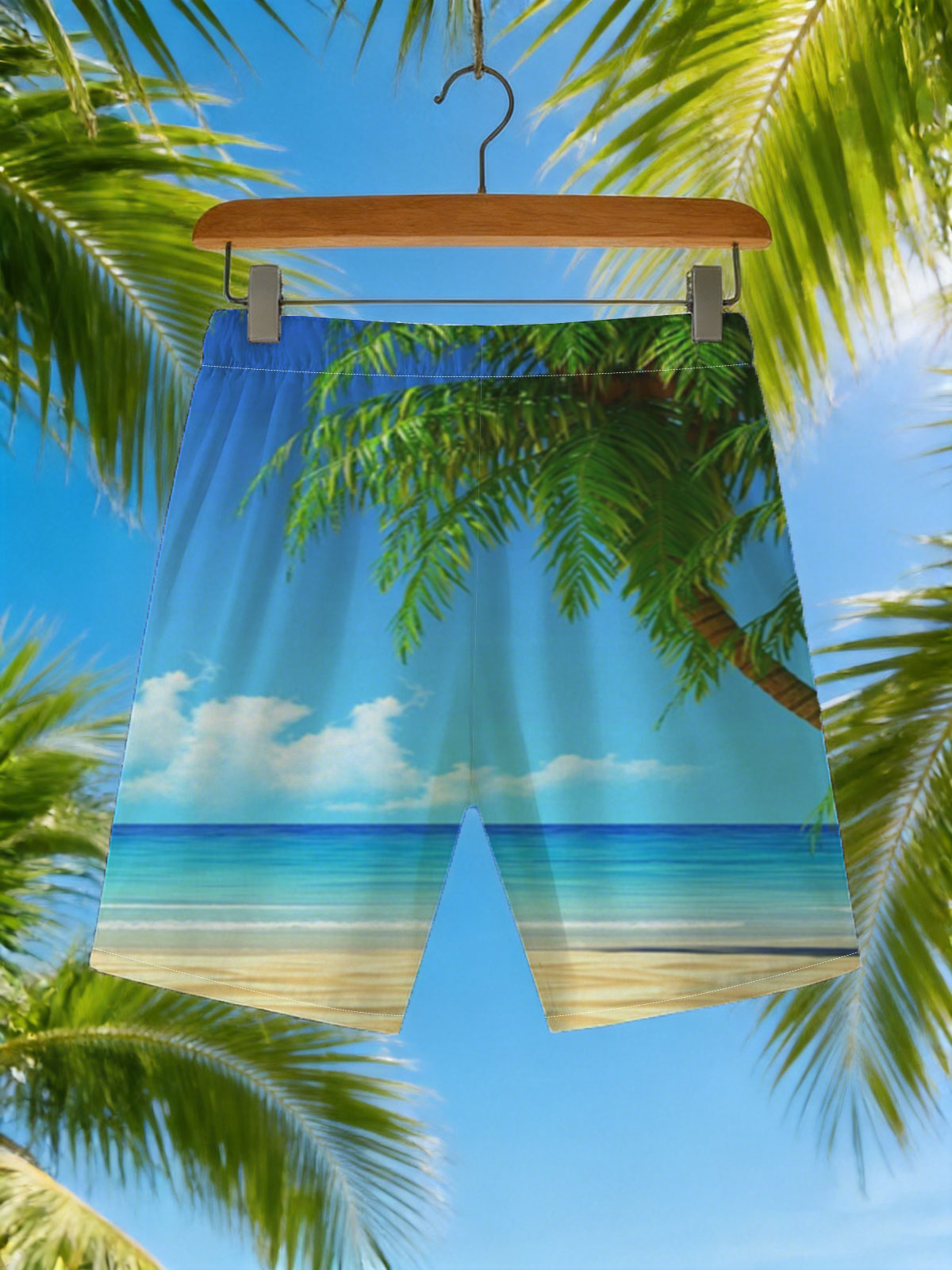 Tropical Beach with Palm Tree and Clear Blue Sky -  Beach shorts