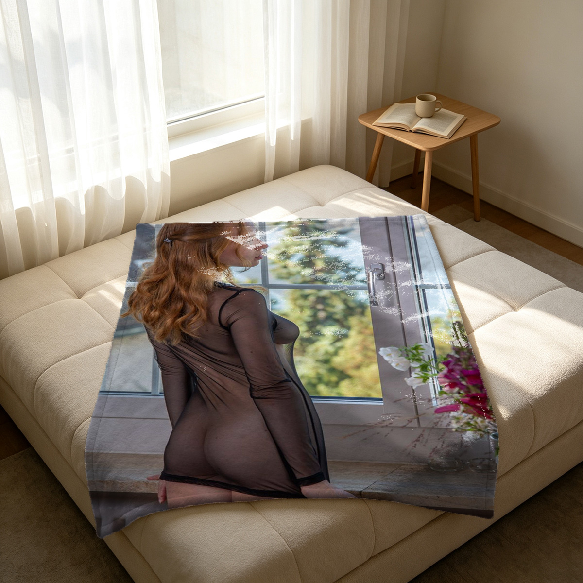 Nude Japanese Woman in White Thong Posing on Tatami Mat by Open Shoji Door - Blanket