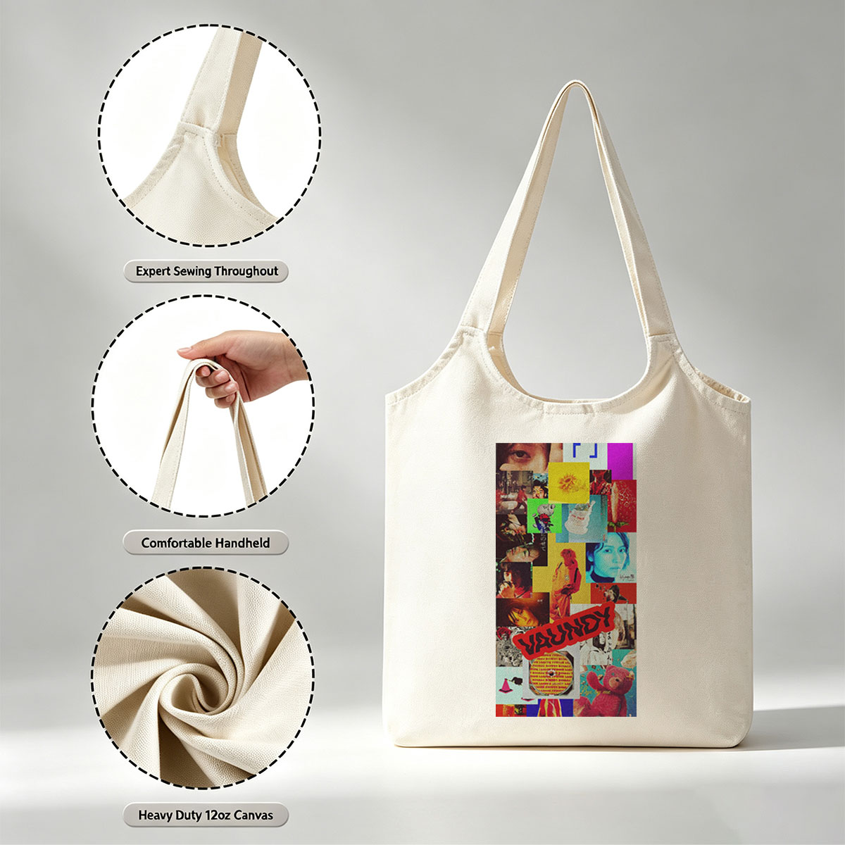 Vaundy Music Video Collage Featuring Colorful Artwork and Pop Culture Imagery - Canvas shoulder bags/