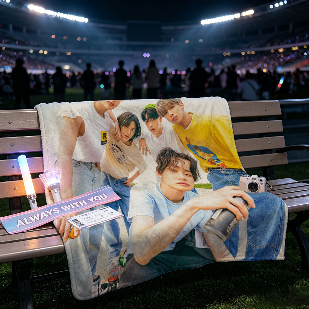 TXT Members Outdoors in Casual Wear Holding Drinks Under Blue Sky - Blankets