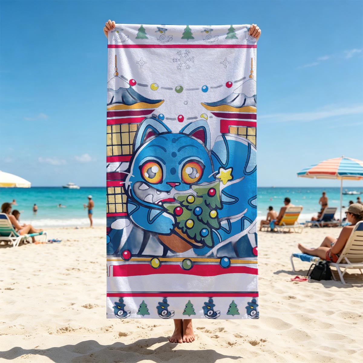 Blue Cat with Christmas Tree in Front of Pagoda House - Beach towels