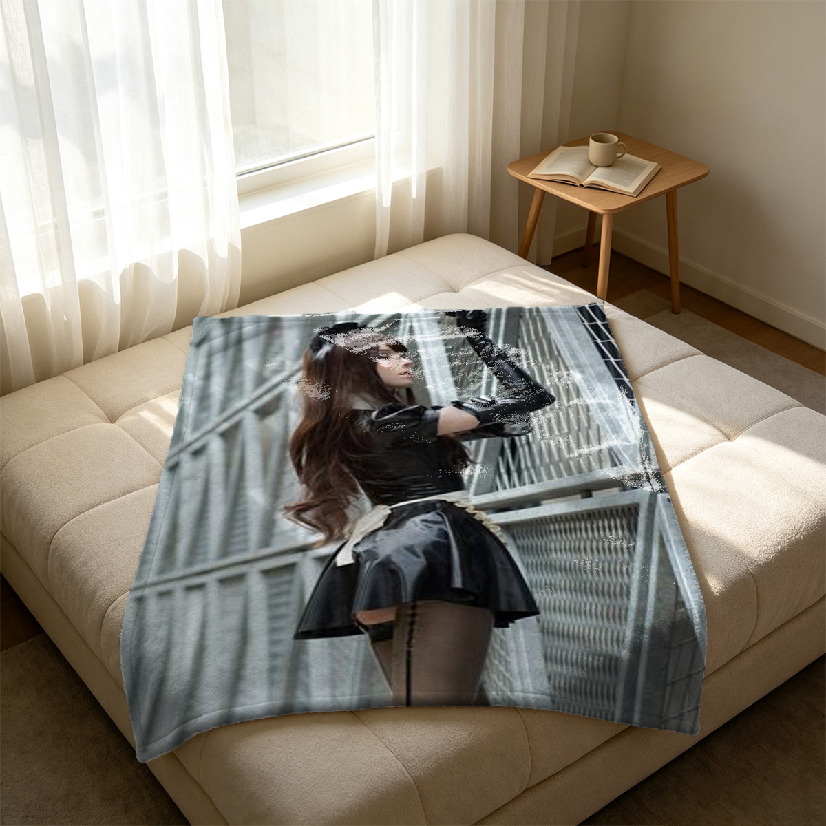 Japanese Actress in Black Sheer Lingerie by Window - Blanket