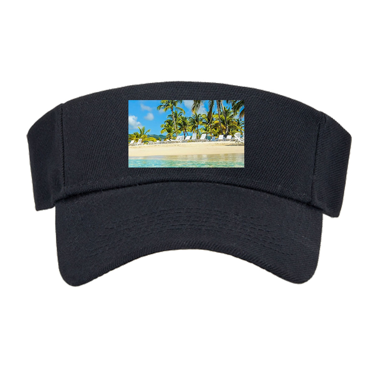 Crystal clear waters meet sandy beach with palm trees and lounge chairs under a bright blue sky. -  Visor cap