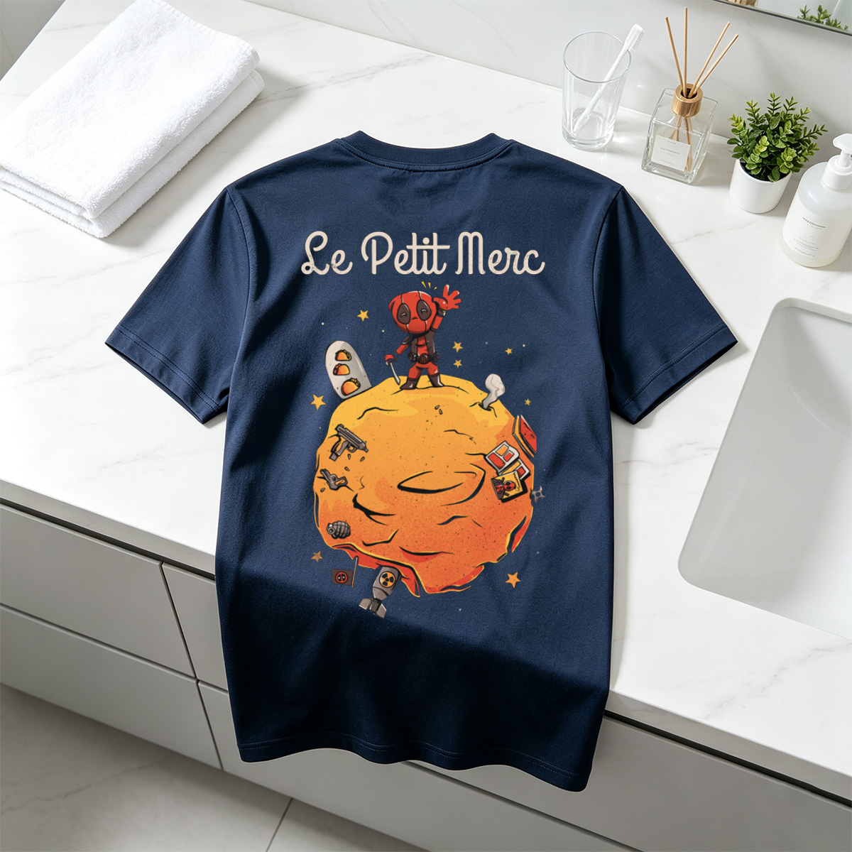 Deadpool on a Planet with Weapons and Space Items - Tee