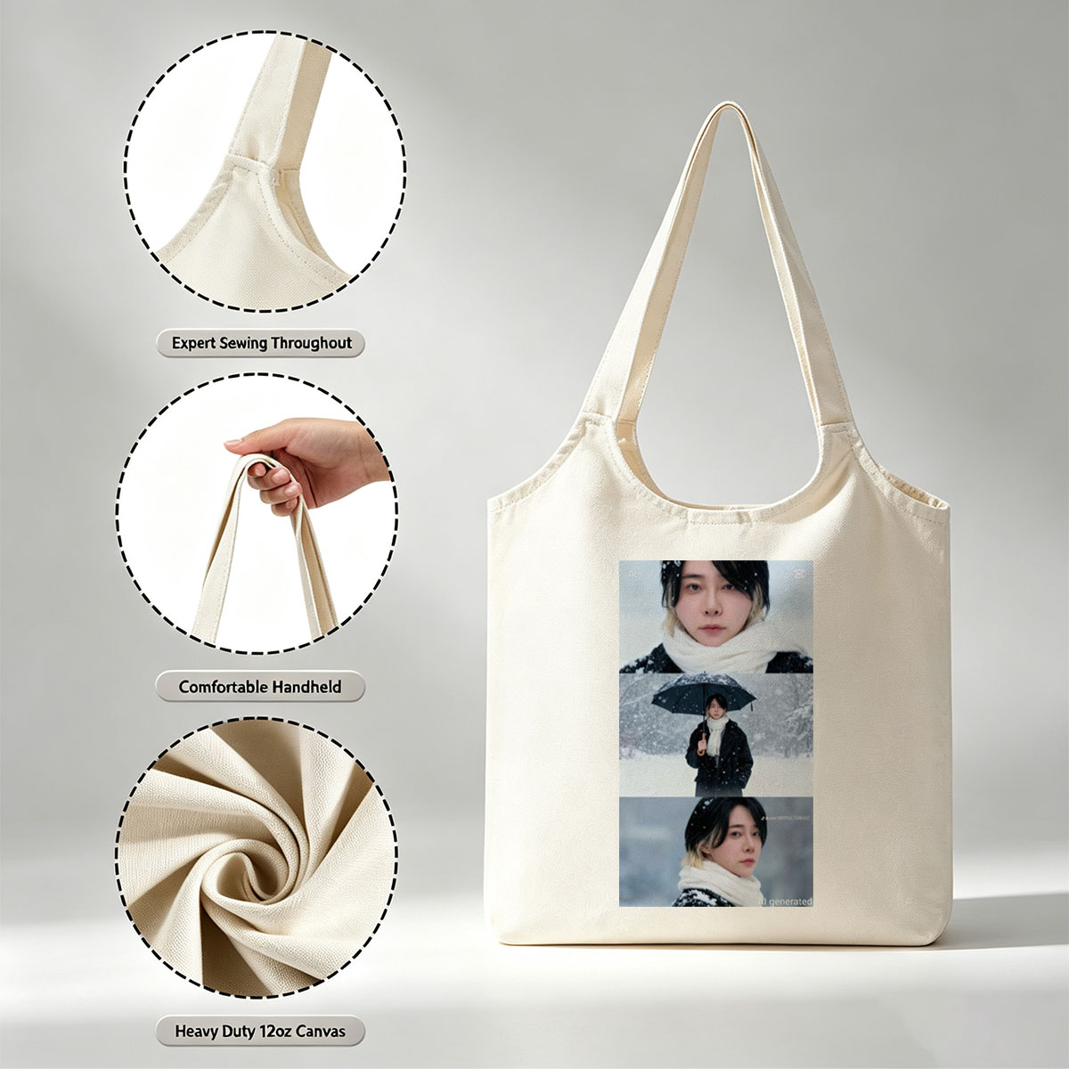 Yeonwoo in Snowy Winter Scene Holding Umbrella with White Scarf and Black Coat - Canvas shoulder bags/