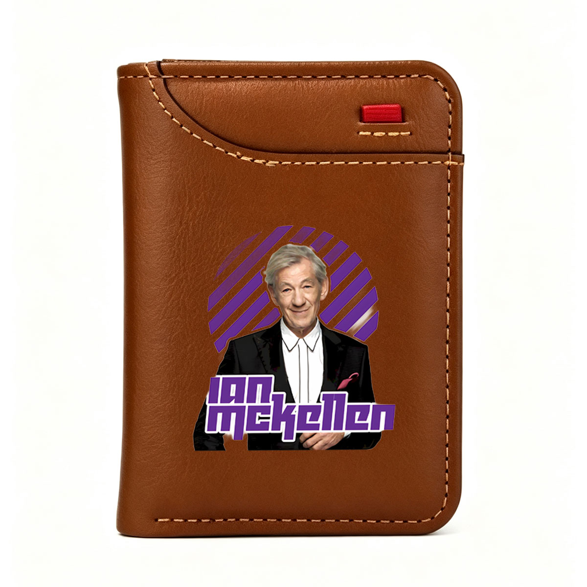 Ian McKellen in a formal suit with a purple and black striped background - Vertical Style Wallet