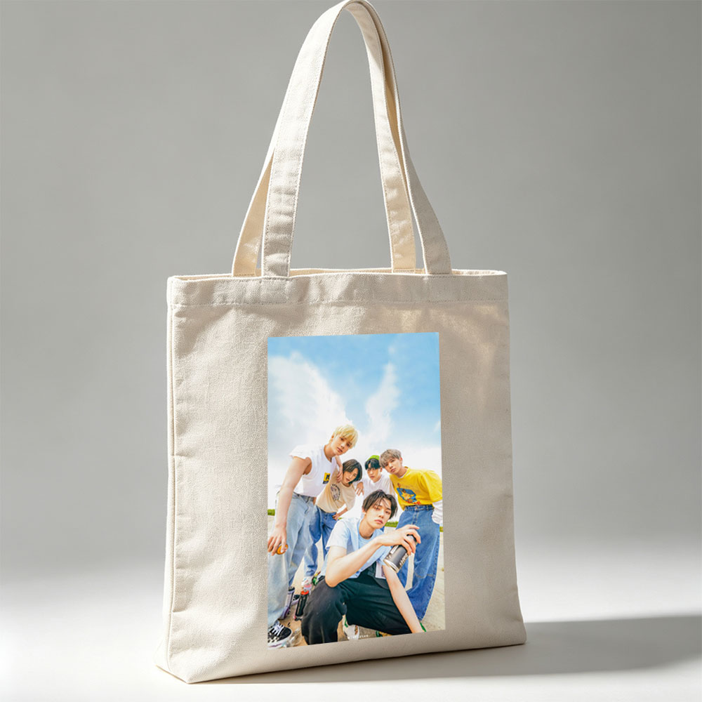 TXT Members Outdoors in Casual Wear Holding Drinks Under Blue Sky - Canvas tote bags