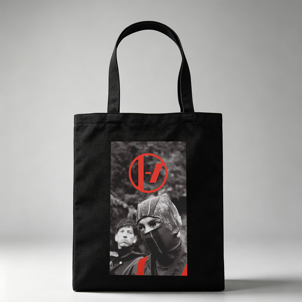 Linkin Park Band Member in Black and White with Red Logo and Balaclava Scene - Canvas tote bags