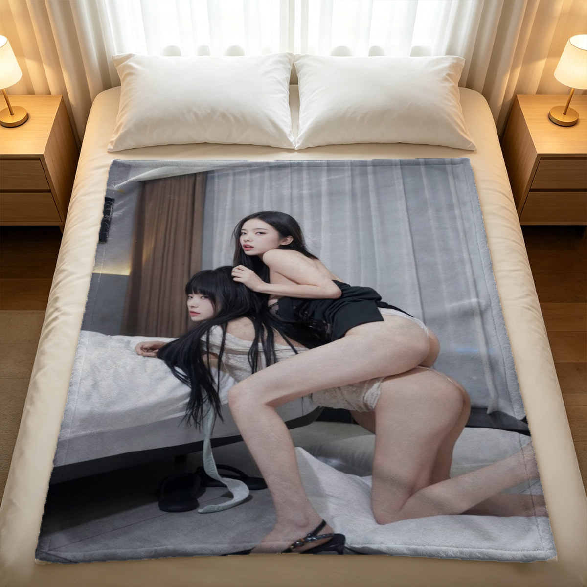 Two Models in Black Lace Lingerie with Riding Crop on Transparent Chair - Blanket