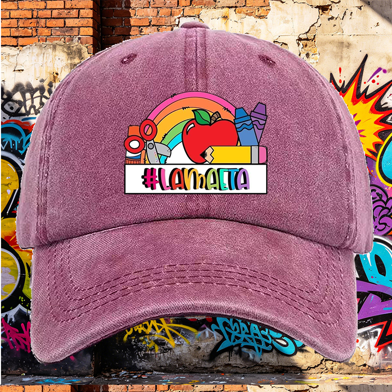 Men's Printed Washed Cap with Rainbow Apple Crayon Design #LAMAAETA Casual Round Neck Summer Lightweight Washed Hat for Outdoor Activities and Daily Wear Adults Unisex Style