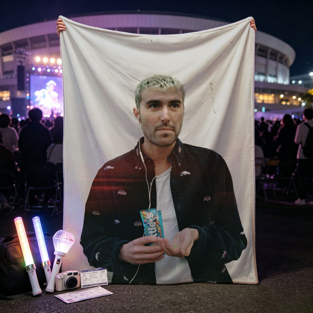 Lauv Standing Against White Wall Holding Candy Bar with Earphones - Blankets