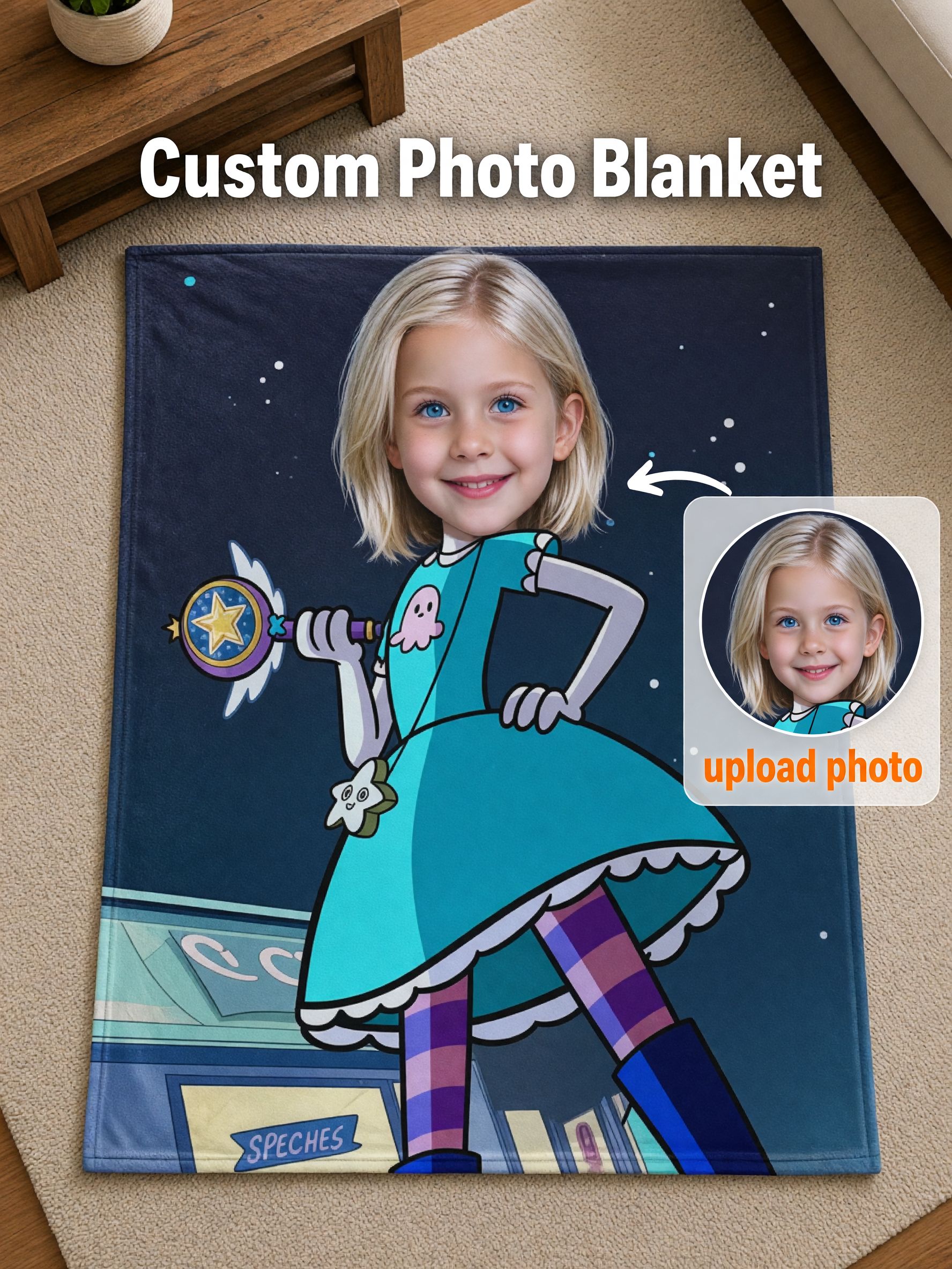 Custom Face Blanket Personalized Magical Girl Cartoon Photo Flannel Throw Soft Warm Keepsake Gift for Kids and Teens