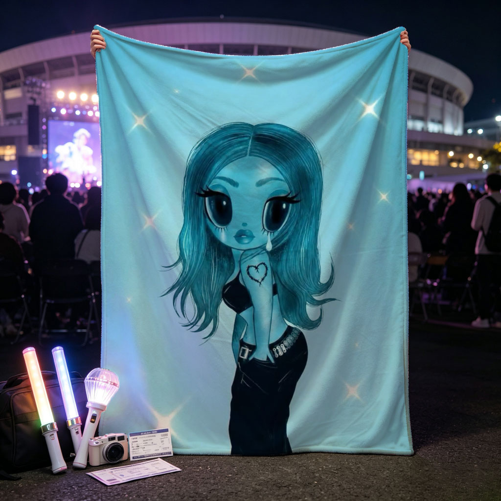Aqua Blue Anime Girl in Black Dress with Heart Tattoo on Starry Background - Blankets