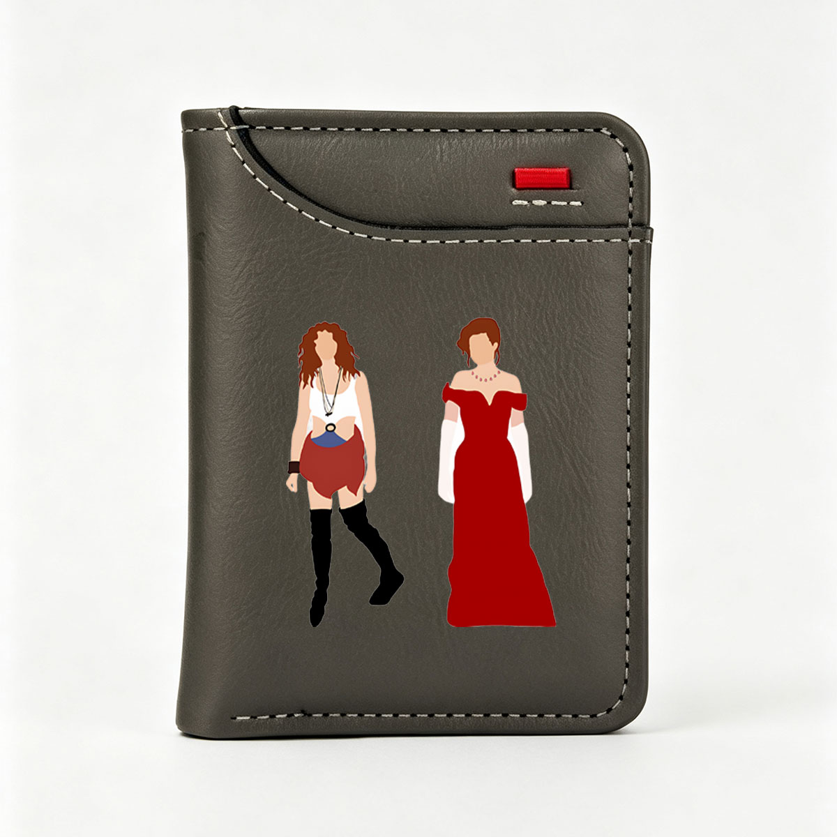 Two Women in Red Outfits: One in Casual Wear, One in Formal Gown - Vertical Style Wallet