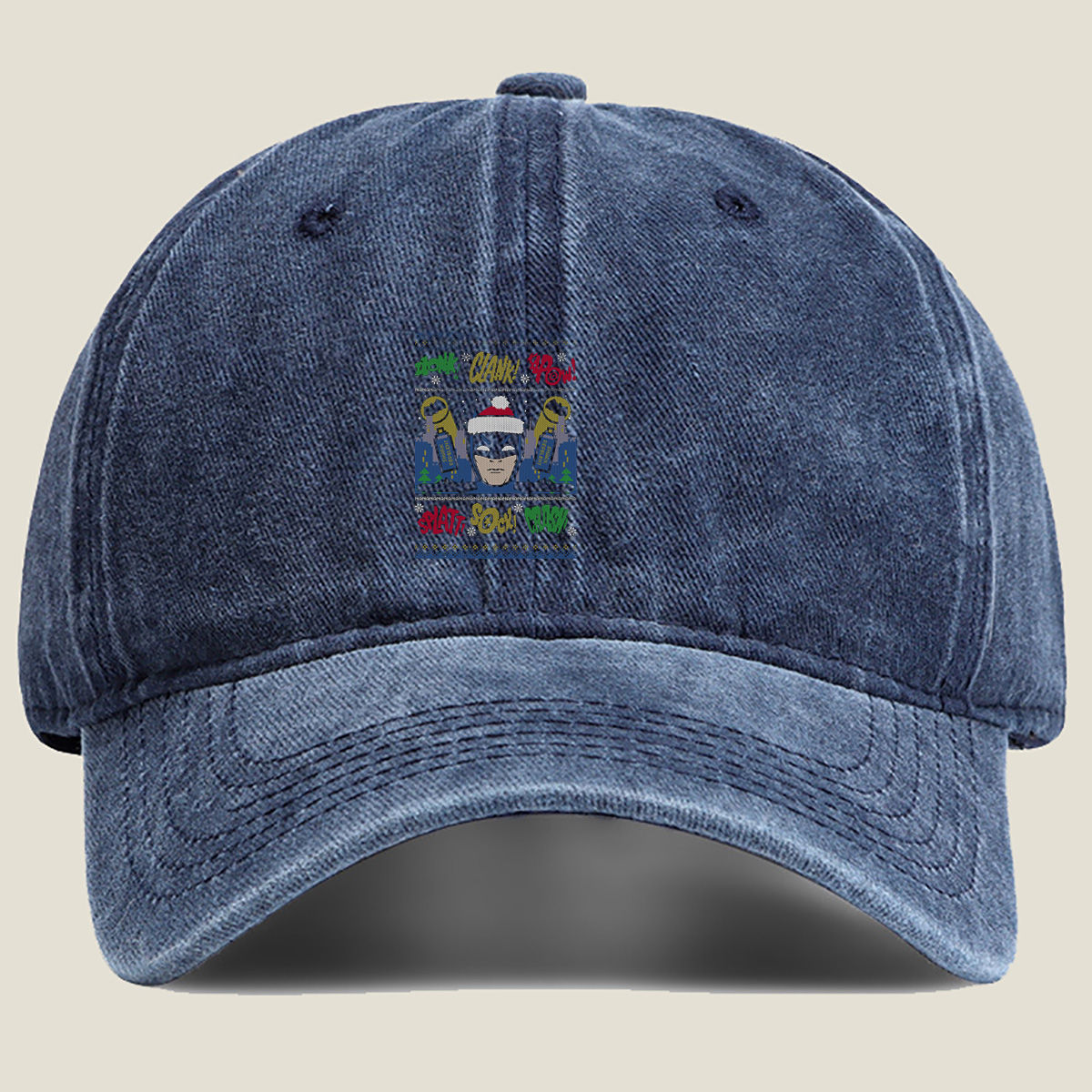 Batman Christmas Sweater with Comic Sound Effects - Washed Denim - Baseball Cap