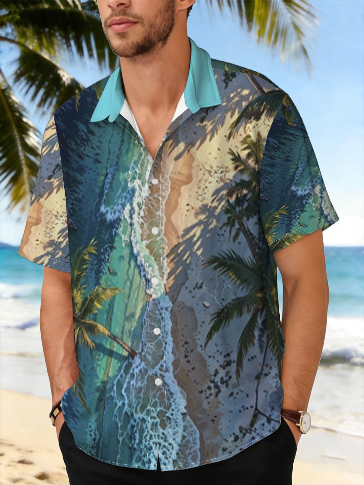 Tropical Beach with Palm Trees and Crystal Clear Waves -  Shirt