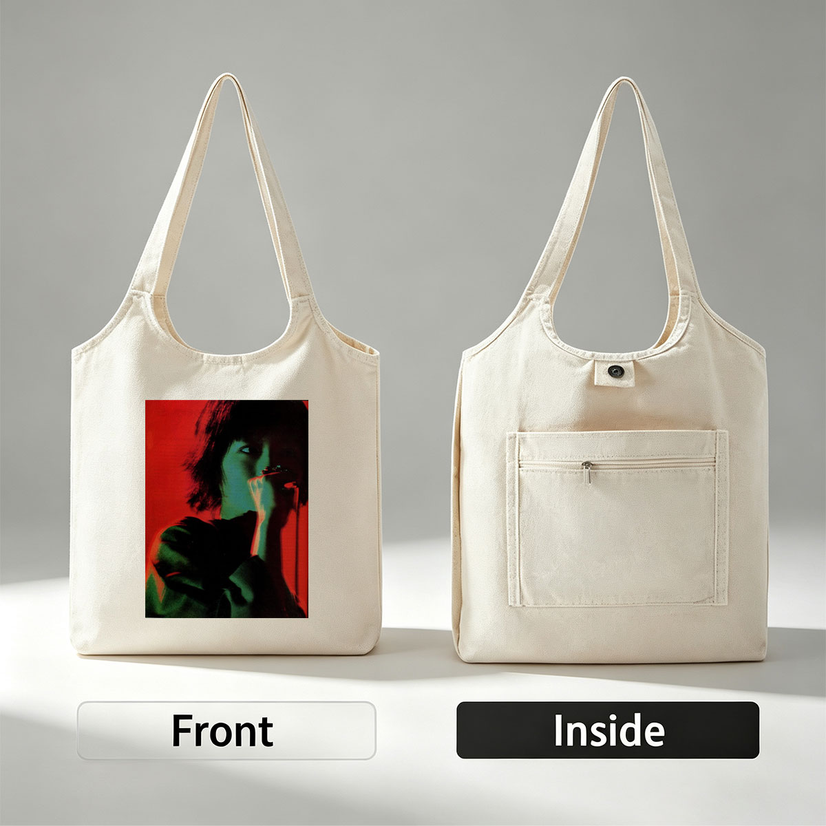 Siouxsie Sioux Singing Into Microphone on Red Background - Canvas shoulder bags/