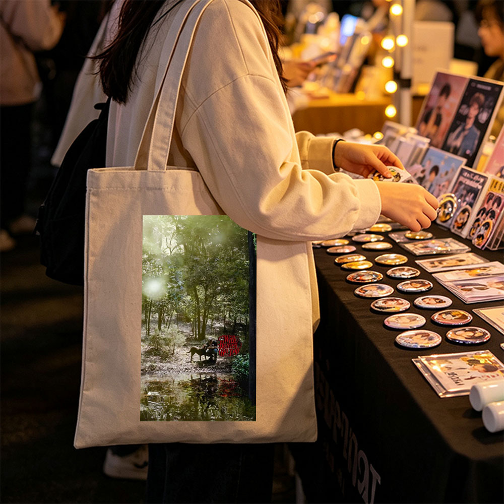 Warren Zevon in the Forest with Dog and Reflection in Water - Canvas tote bags