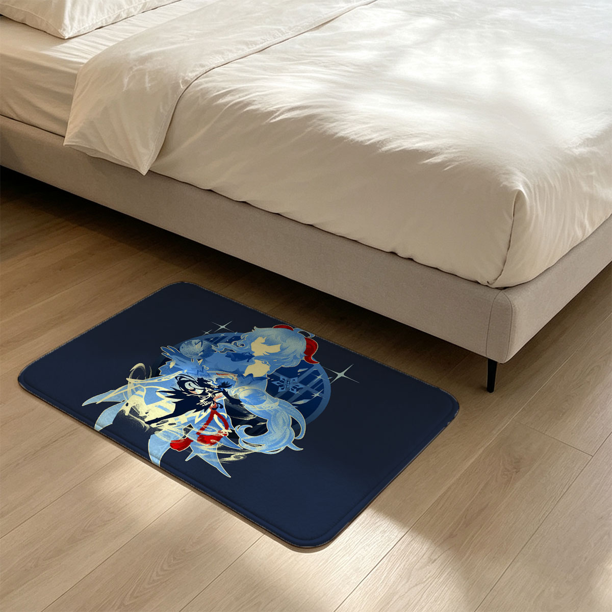 Blue-Haired Mage and Dark Warrior in Ice Magic Battle Scene - Flannel floor mat