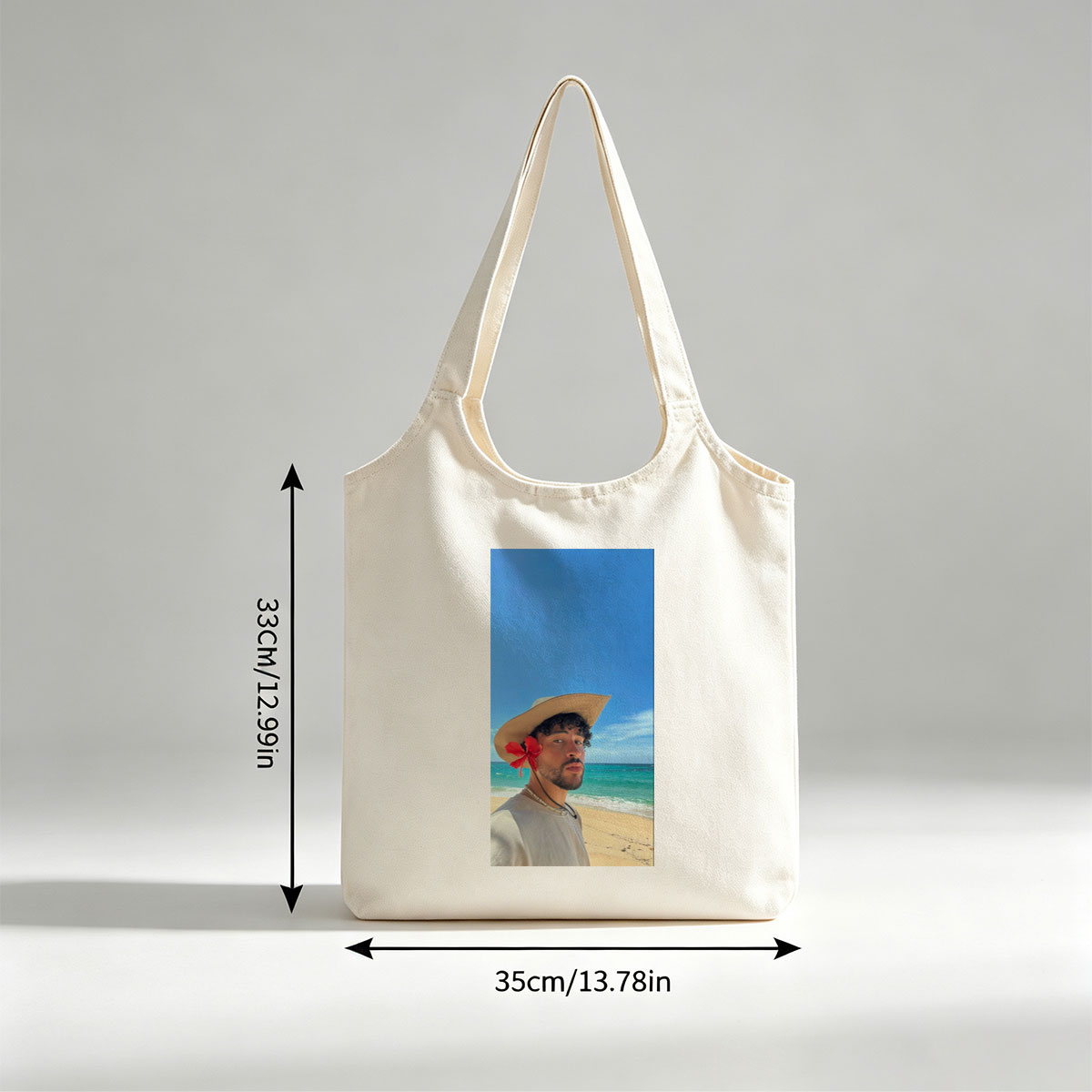 Bad Bunny on the Beach Wearing a Straw Hat with Red Flower and Beaded Necklace - Canvas shoulder bags/