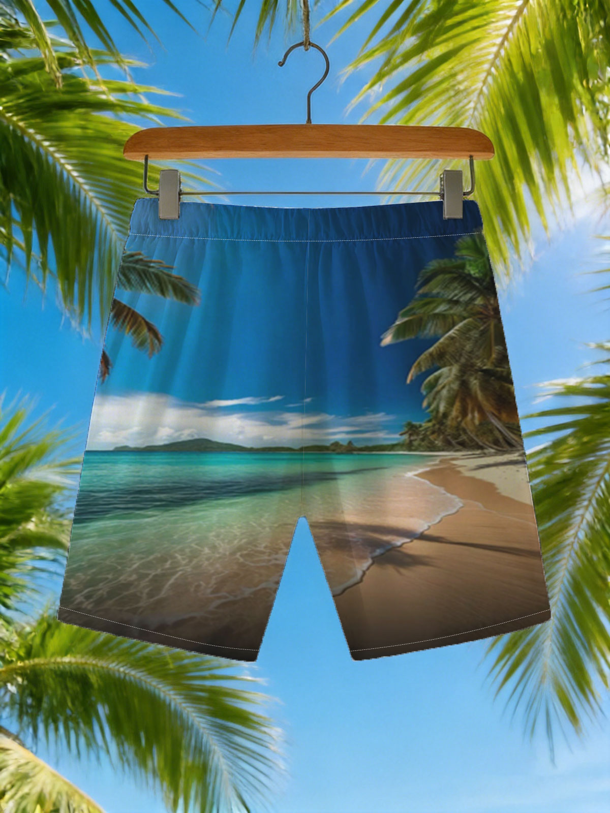Tropical Beach with Palm Trees and Crystal Clear Water -  Beach shorts