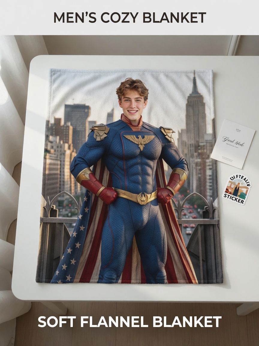 Custom Face Photo Superhero Blanket, Personalized Portrait Flannel Fleece Throw for Bed Couch, Unique Cozy Gift