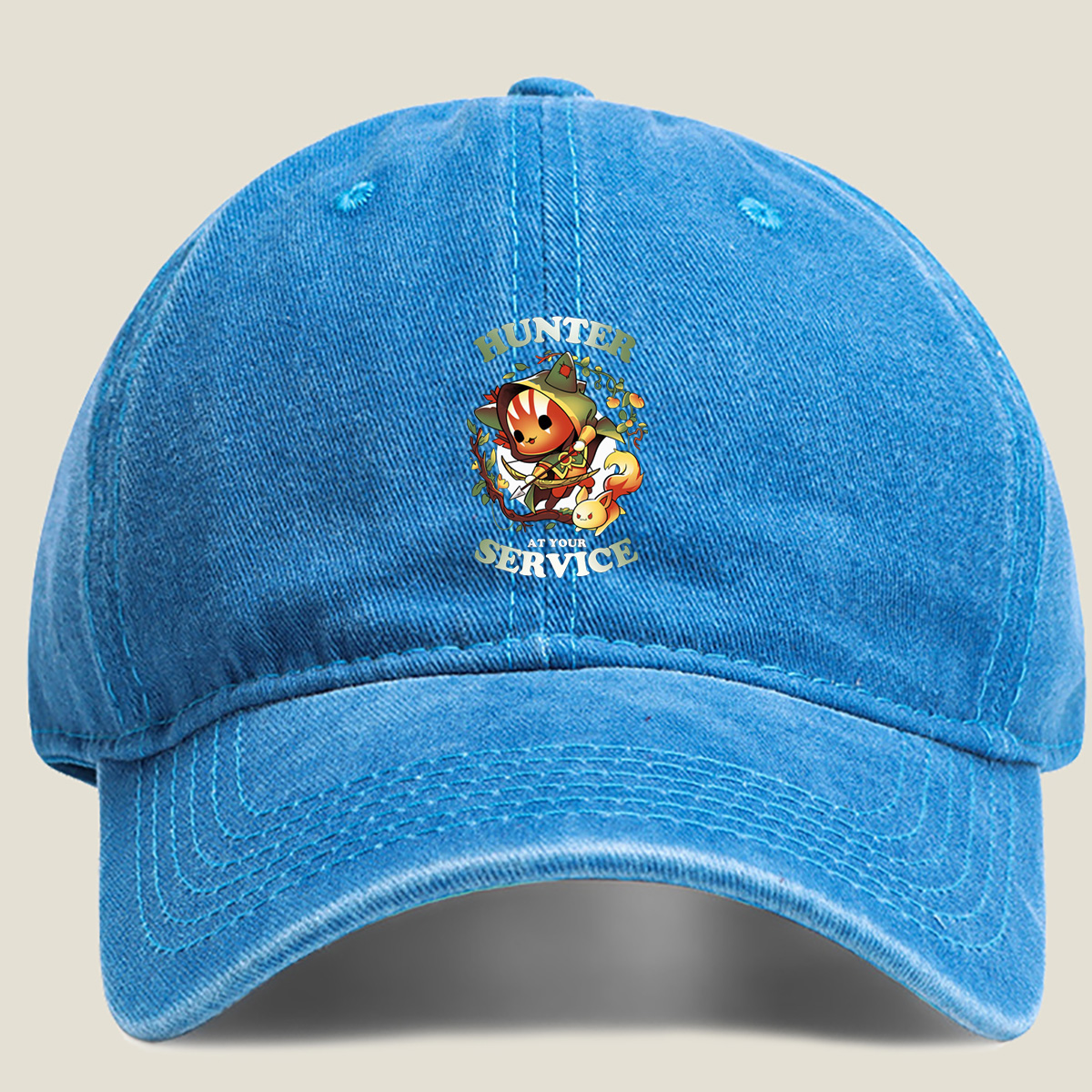Hunter at Your Service - Chibi Archer and Fox Companion - Washed Denim - Baseball Cap