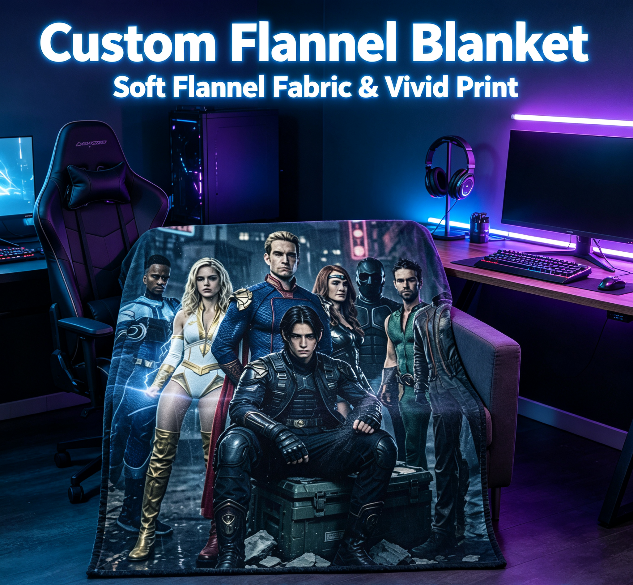 Custom Face Blanket The Boys Superhero Team Flannel Blanket Cozy Living Room Gift for Fans and Collectors