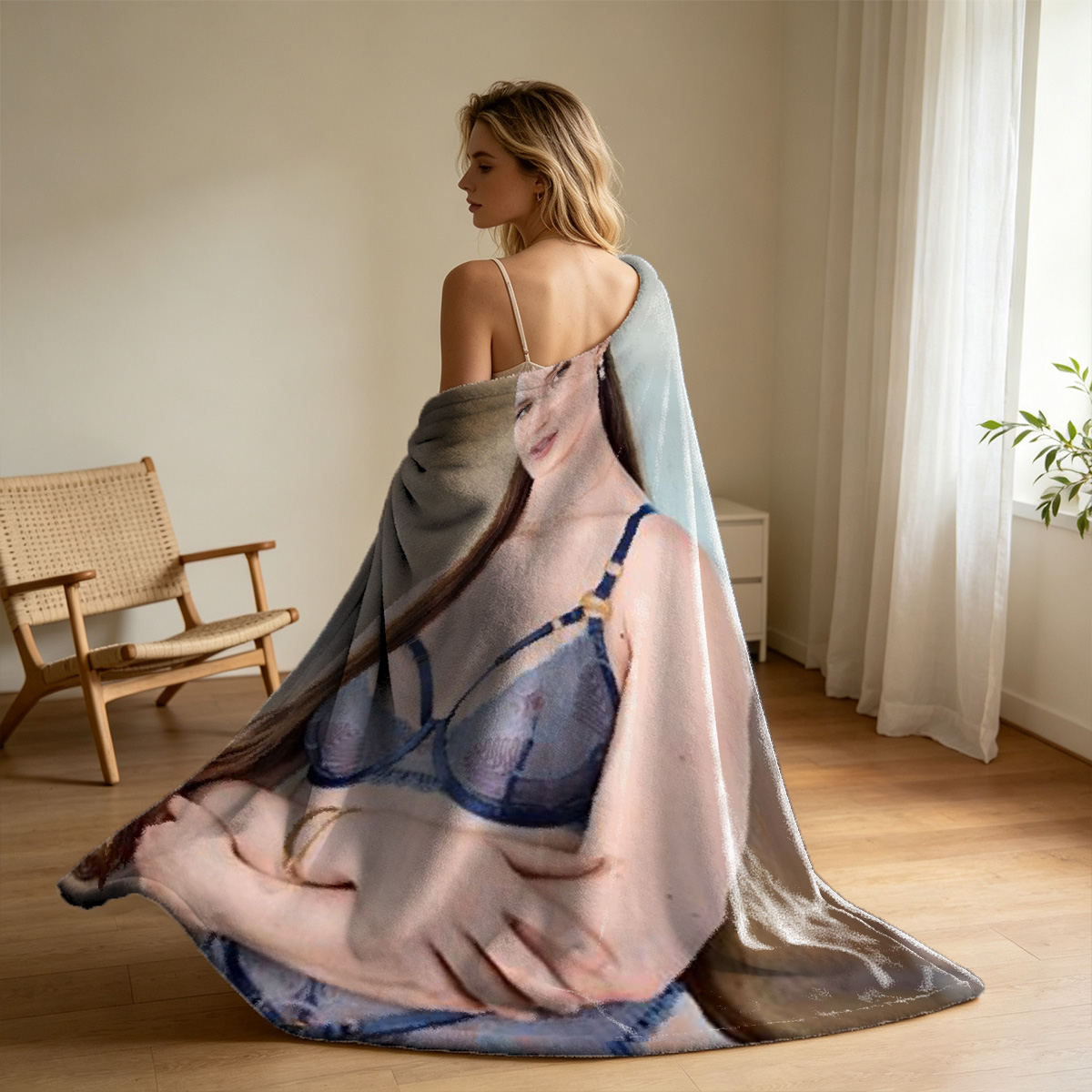Blonde woman in white lace lingerie sitting on blue armchair. - Blanket