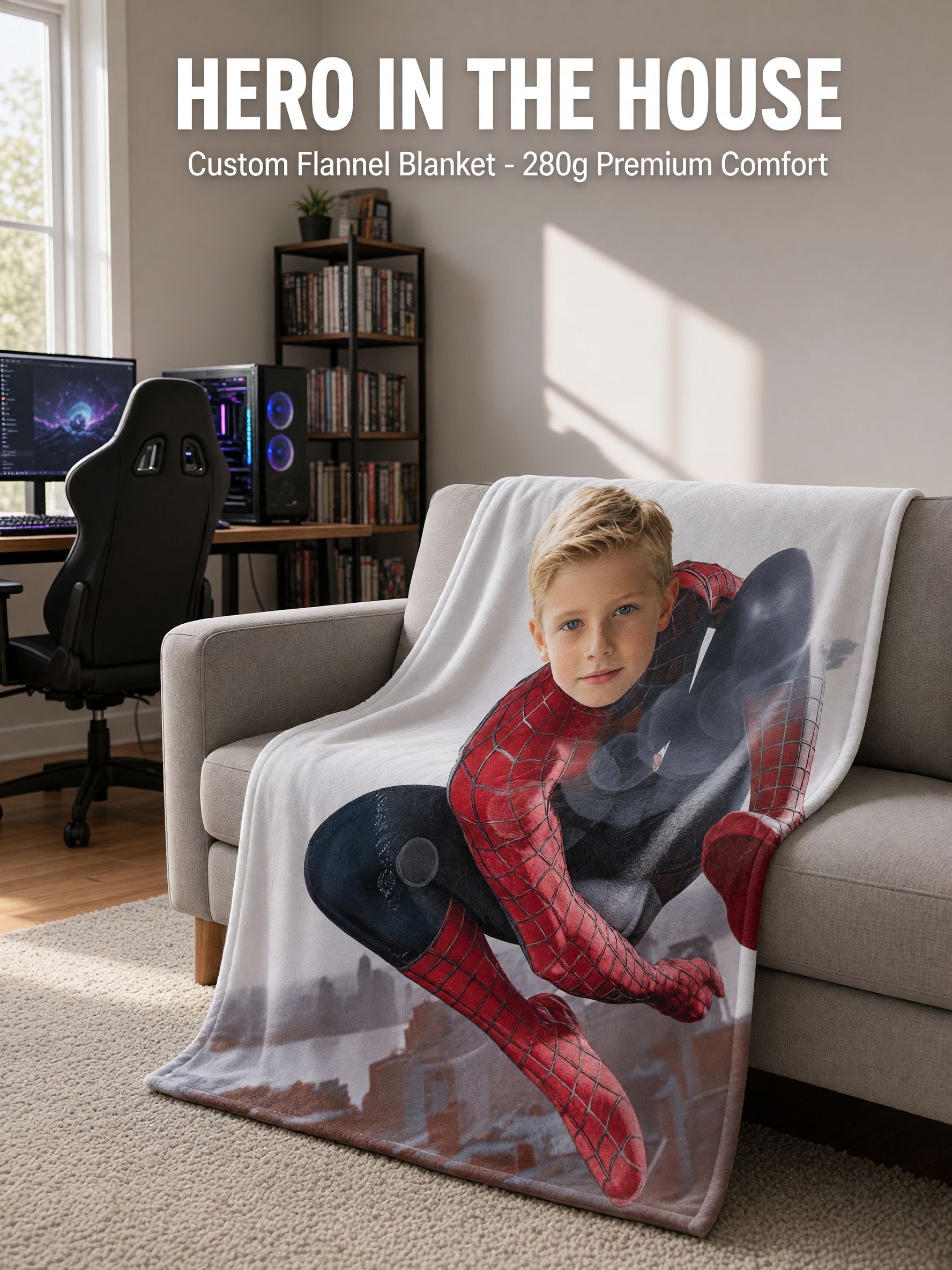 Custom Face Photo Superhero Flannel Fleece Blanket, Ultra Soft Plush Warm Throw, Ideal Personalized Gift for Kids