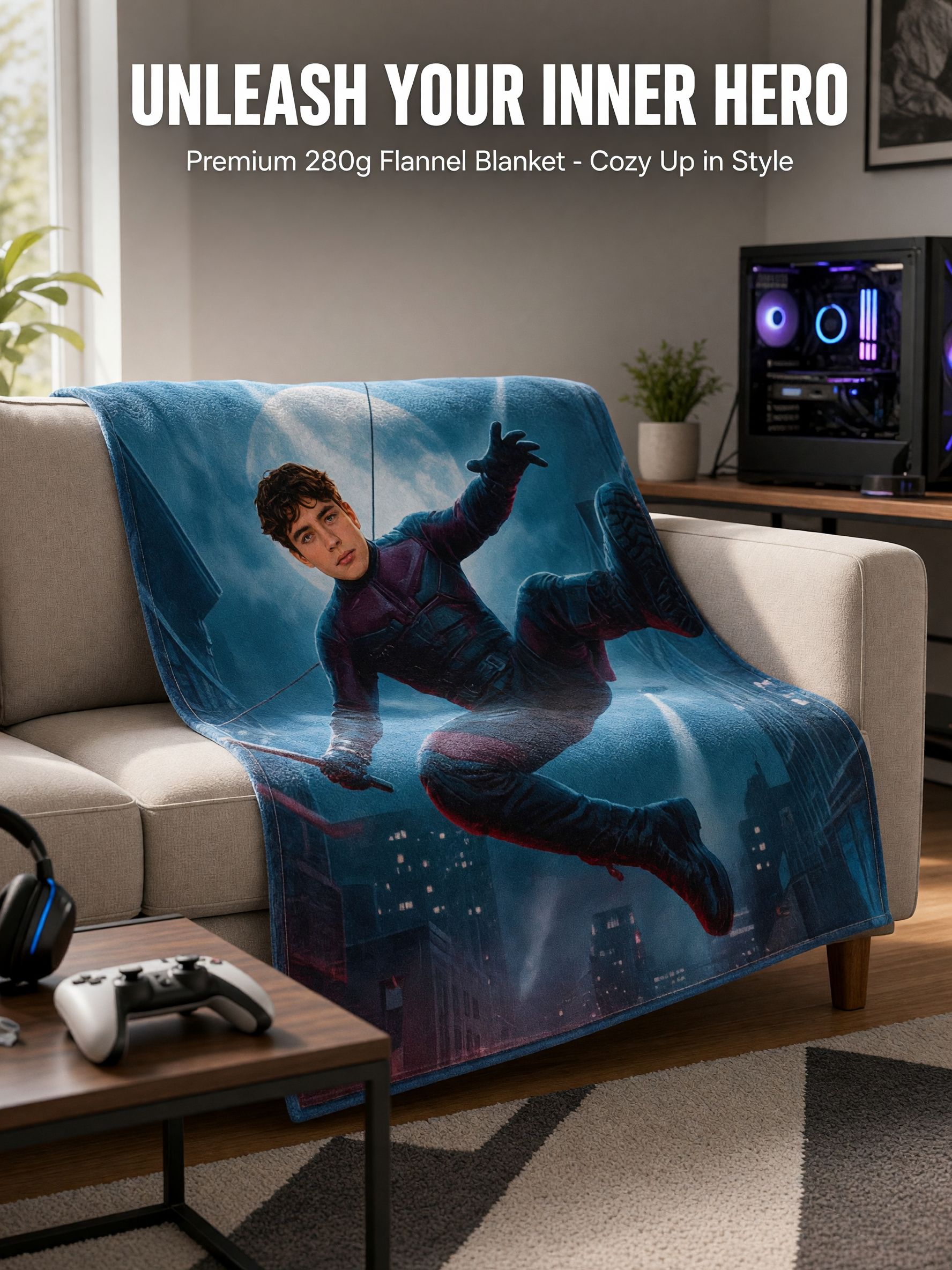 Custom Face Photo Superhero Flannel Fleece Blanket Cozy Personalized Action Hero Throw for Kids and Adults Gift