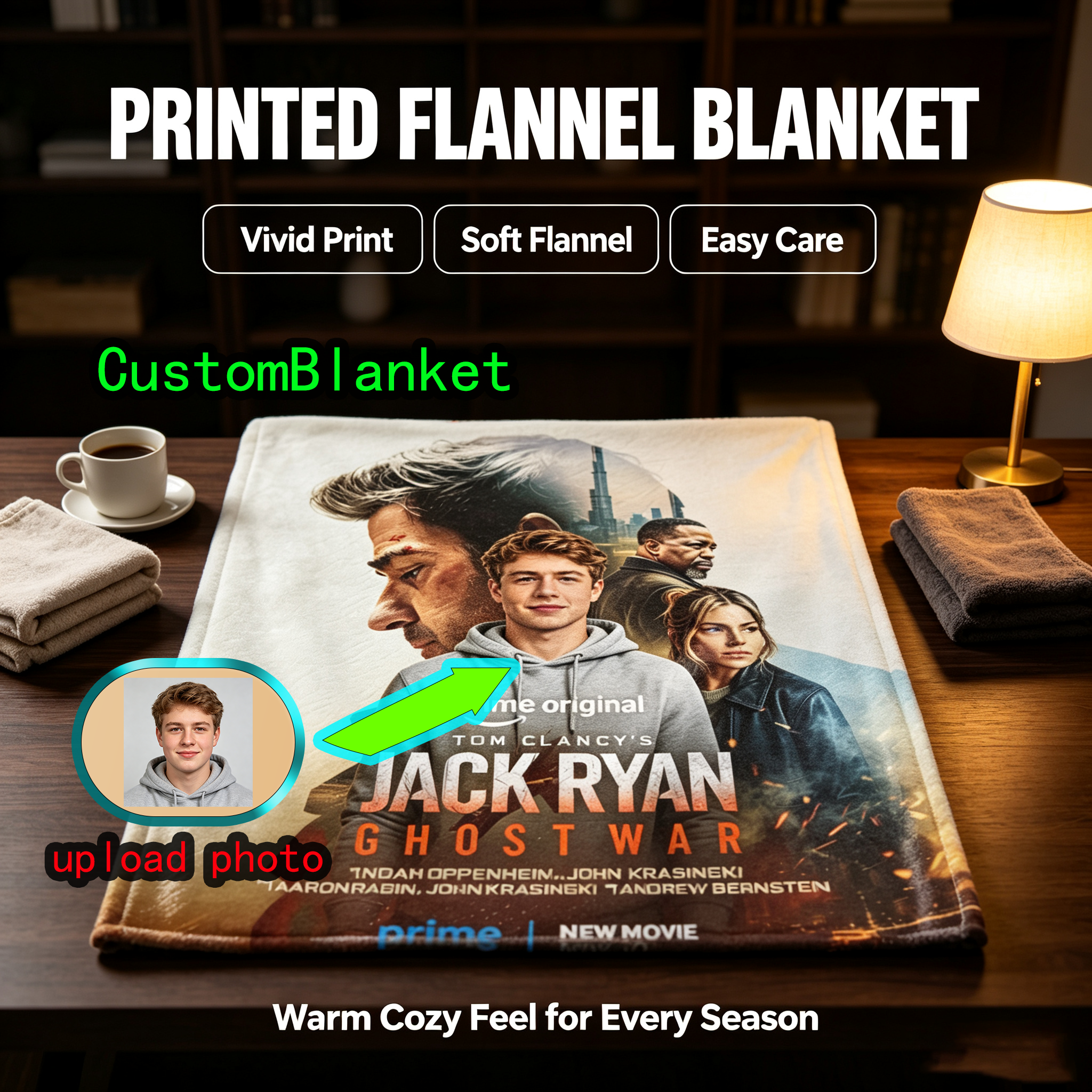 Custom Face Blanket Tom Clancy's Jack Ryan Ghost War Flannel Blanket Movie Fan Gift for Home or Travel Comfort and Cozy Decor