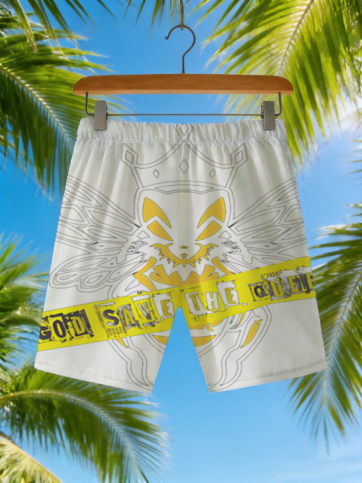 God Save the Queen: Bee with Crown and Yellow Banner -  Beach shorts