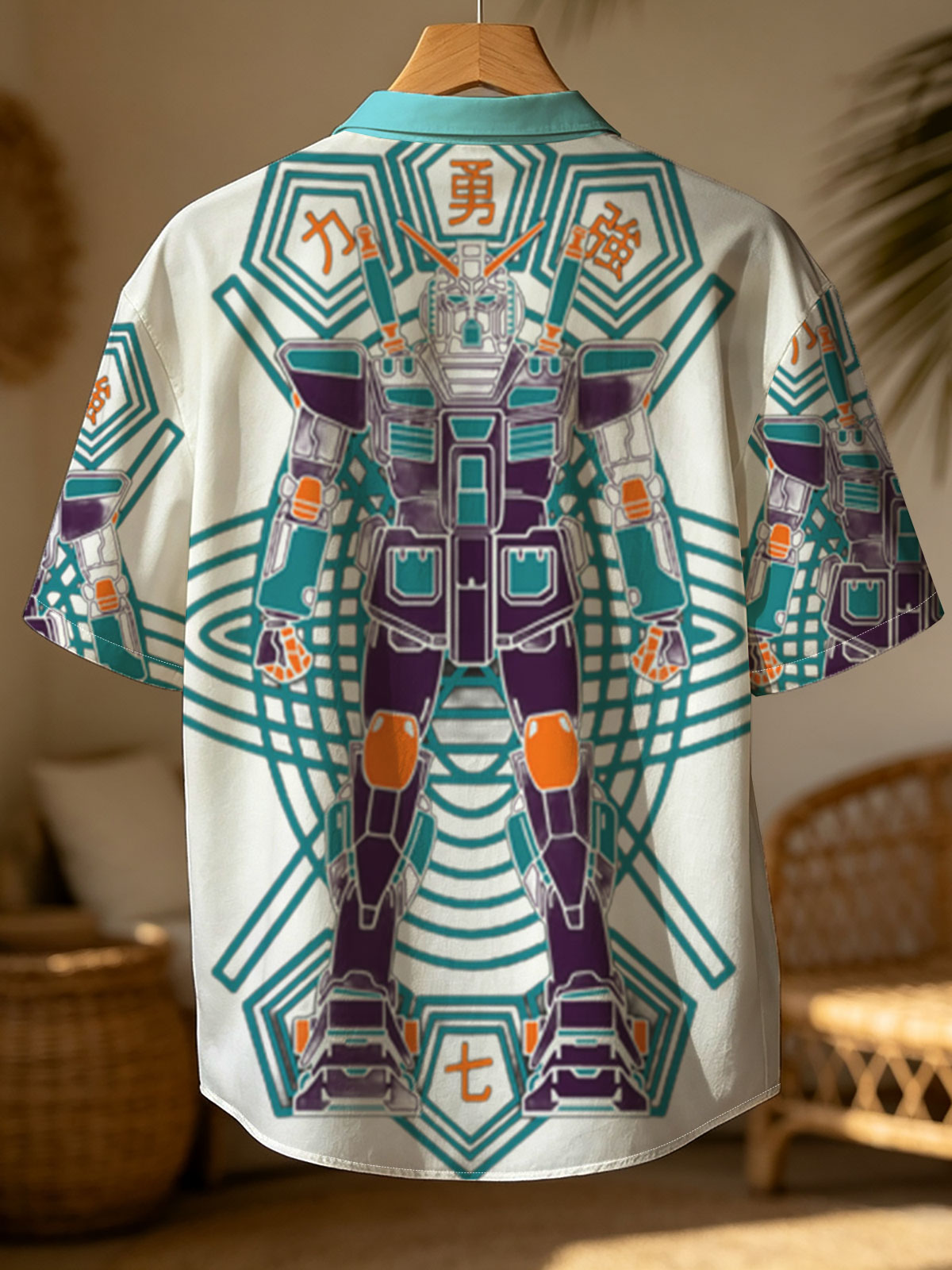 Gundam Warrior Robot with Chinese Characters and Geometric Design -  Shirt