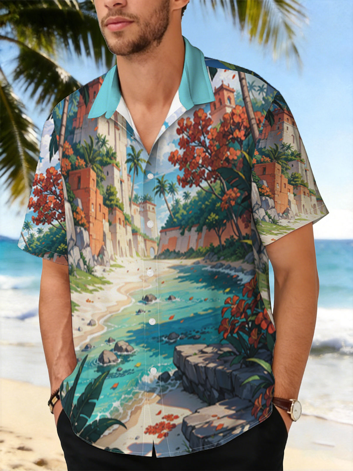 Tropical Beach with Ancient Ruins and Lush Vegetation -  Shirt