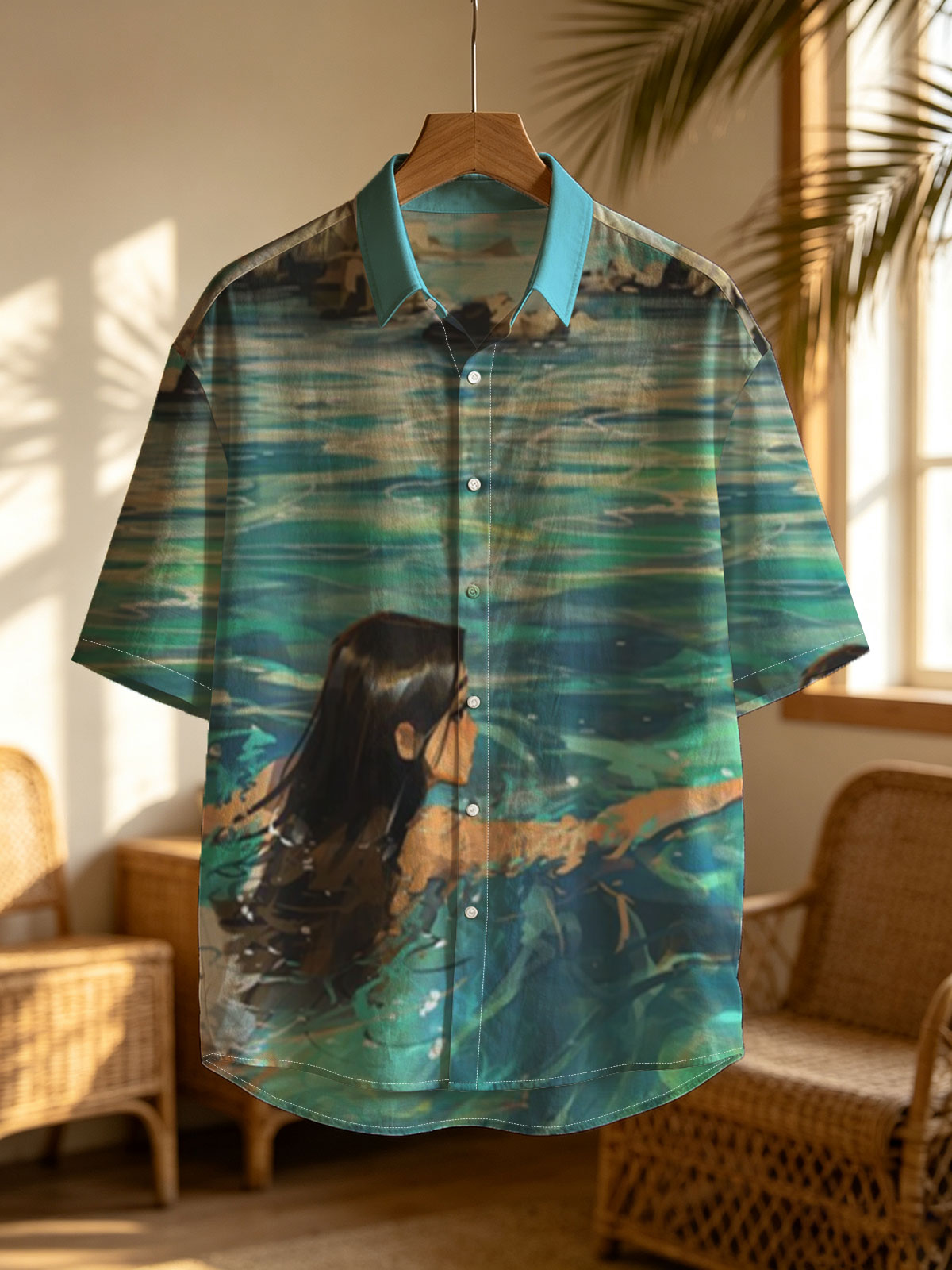 Woman swimming in clear blue water near rocky shore -  Shirt