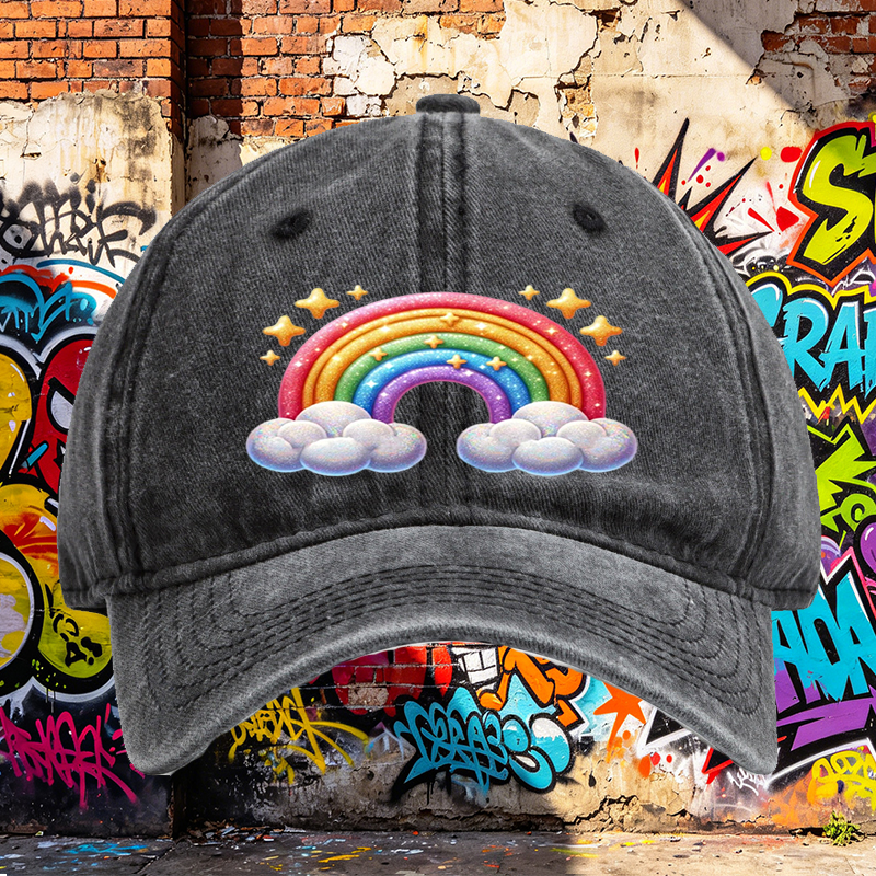 Unisex Classic Washed Cap Rainbow Clouds Print - Perfect for Casual Outings, Beach, and Daily Wear - Ideal for Youth and Adults Seeking Fun, Colorful Style