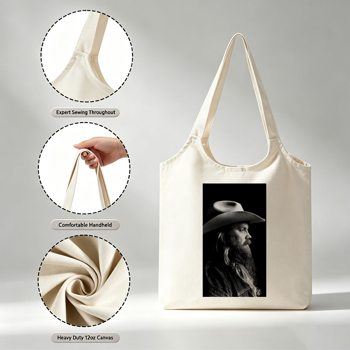 Chris Stapleton in Profile with Cowboy Hat and Long Beard in Black and White Portrait - Canvas shoulder bags/