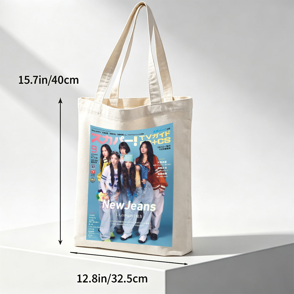 NewJeans on TV Guide Cover Featuring Five Members in Casual Outfits with Blue Background - Canvas tote bags