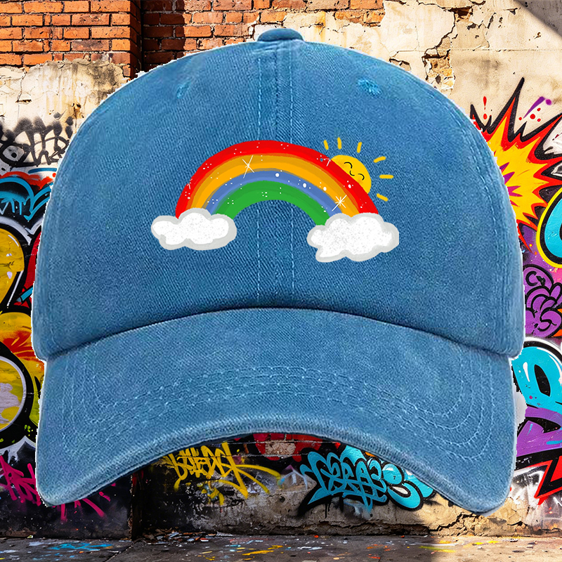 Men's Rainbow Print Washed Cotton Cap with Sunny Cloud Design Lightweight Casual Round Brim Summer Hat for Outdoor Activities and Daily Wear Adults Unisex Streetwear Fashion Accessory