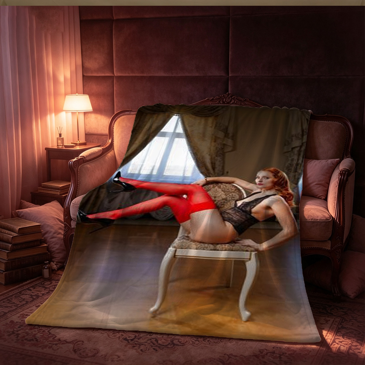 Redhead in Pink Lingerie Posing by Window - Blanket
