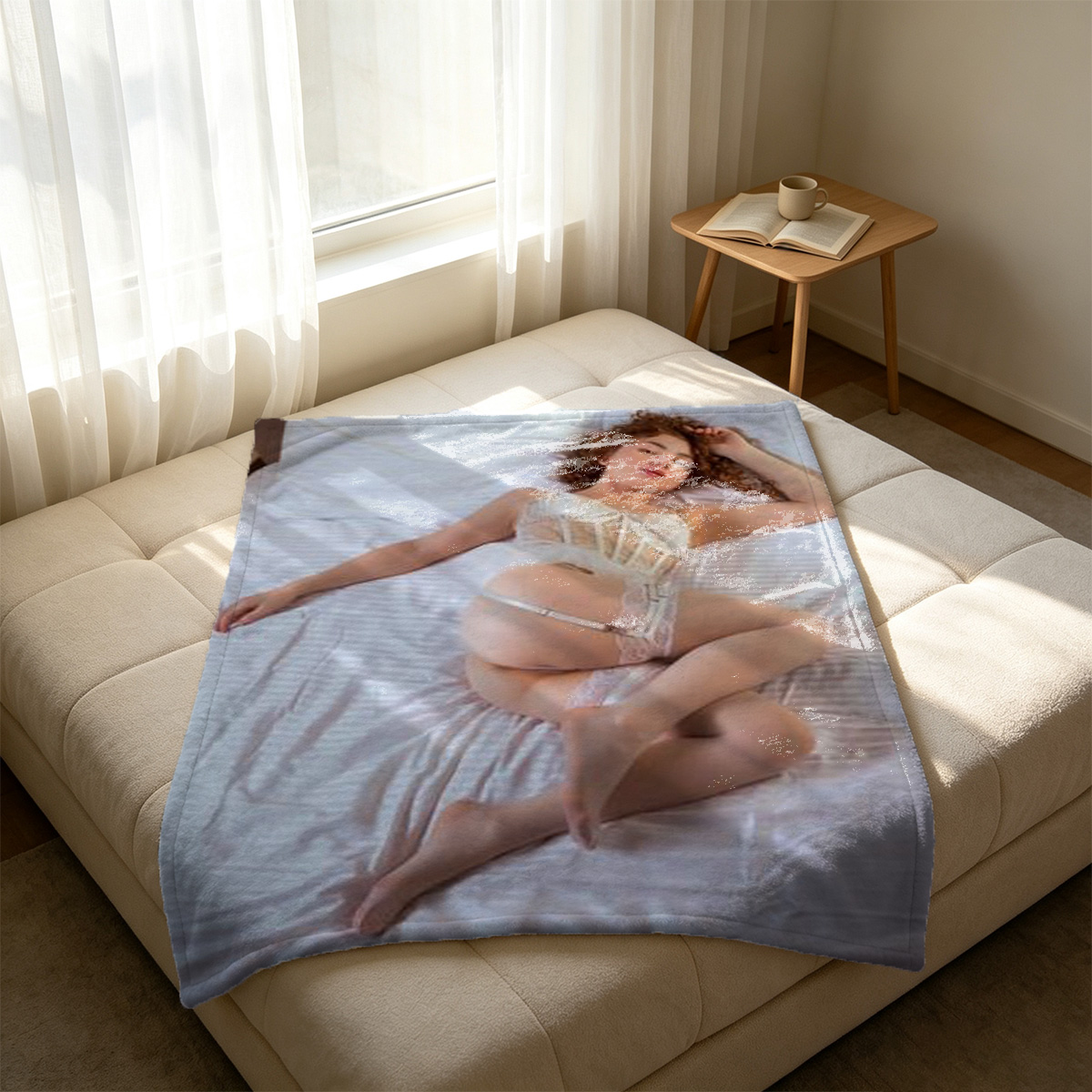 Three Japanese AV stars in lace lingerie posing together. - Blanket