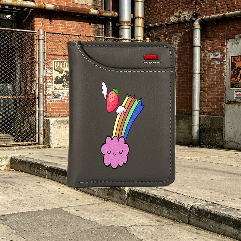 Unisex Vertical Wallet with Strawberry Wings and Rainbow Cloud Print | Cute Glitter Design for Everyday Use, Perfect for Students, Teens, and Young Adults Who Love Whimsical Fashion Accessories
