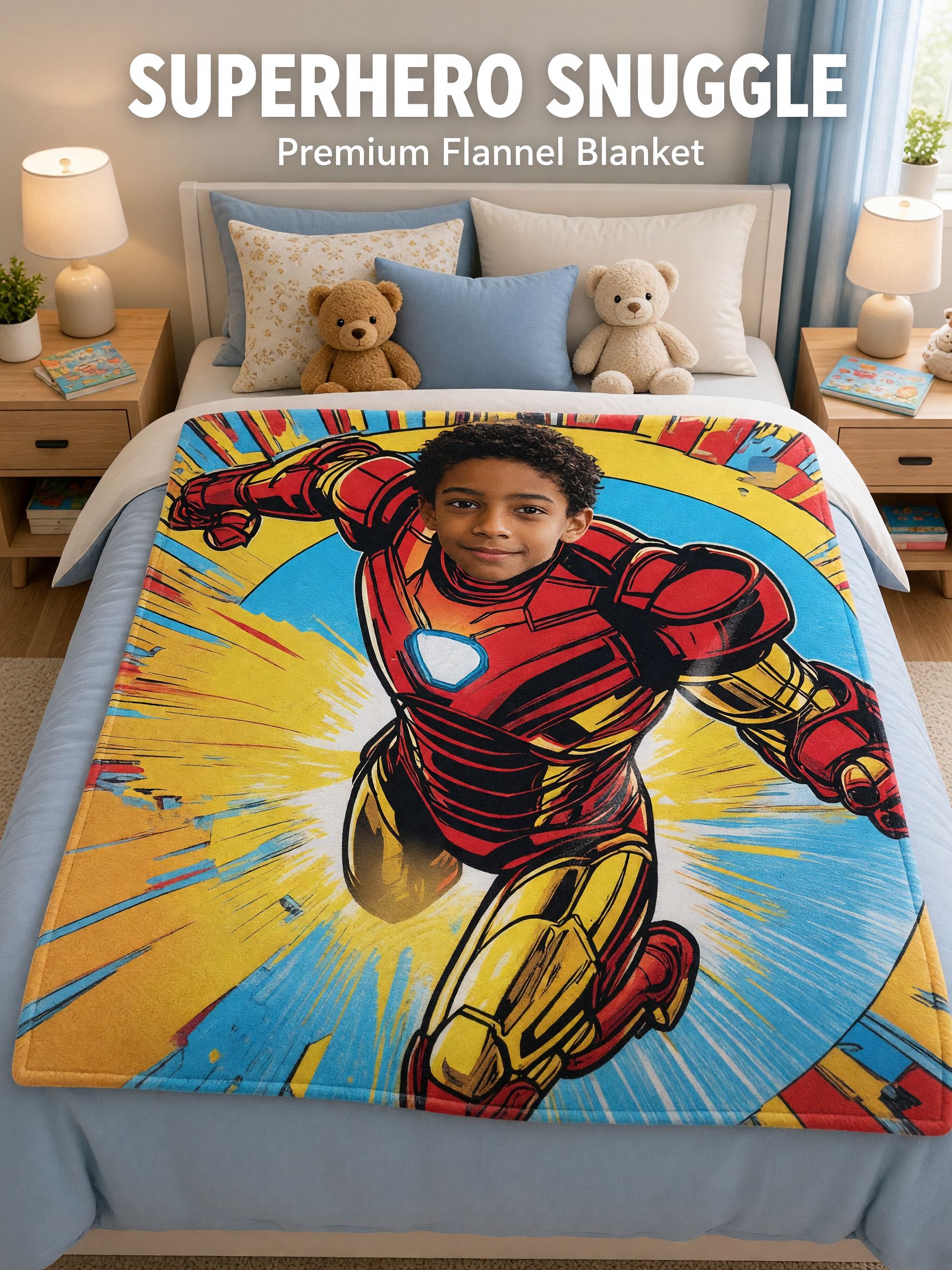 Custom Photo Face Superhero Flannel Blanket, Personalized Comic Armor Soft Warm Throw Blanket, Unique Birthday Gift