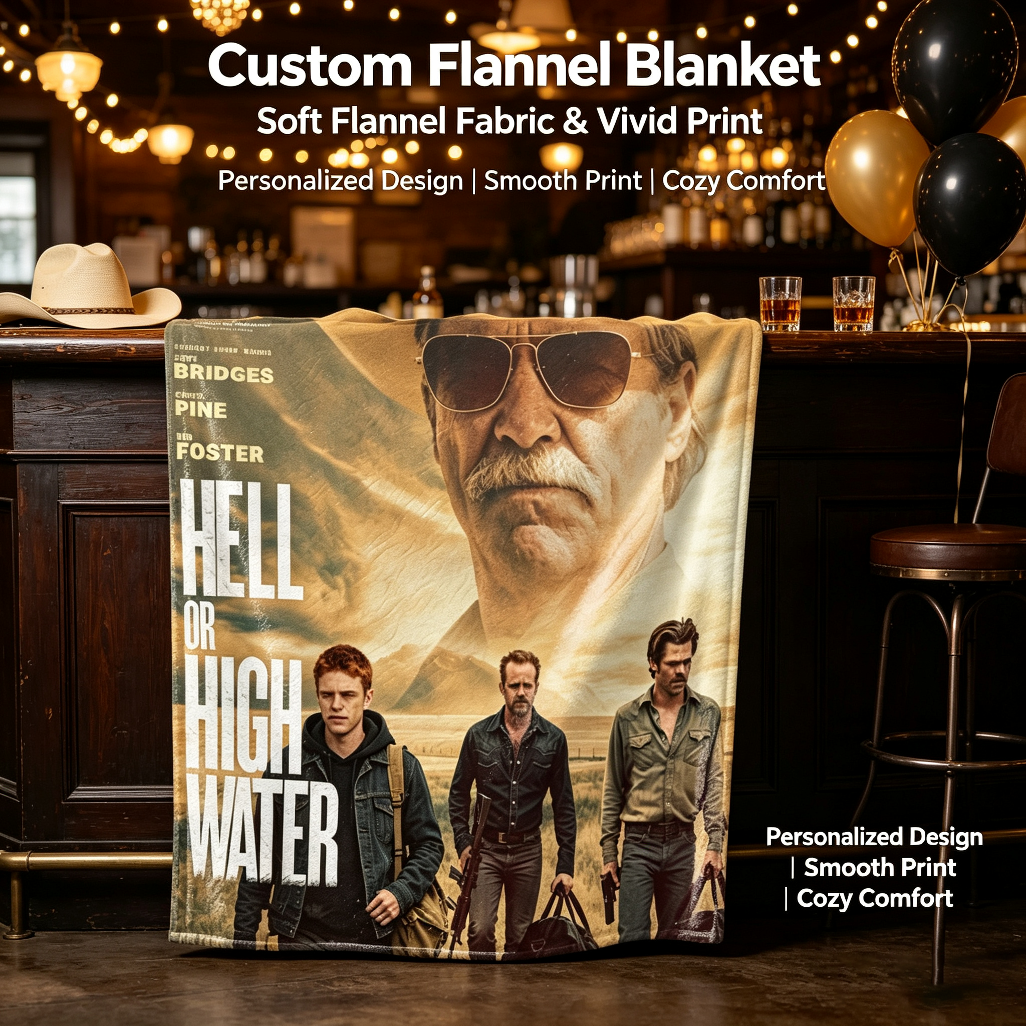 Custom Face Blanket Hell or High Water Movie Poster Flannel Blanket Perfect for Couch Watching and Movie Nights Ideal Gift for Fans of Western Films and Chris Pine