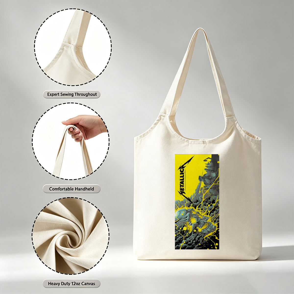 Metallica Band in Explosive Comic-Style Scene with Electric Yellow and Black Mechanical Chaos - Canvas shoulder bags/