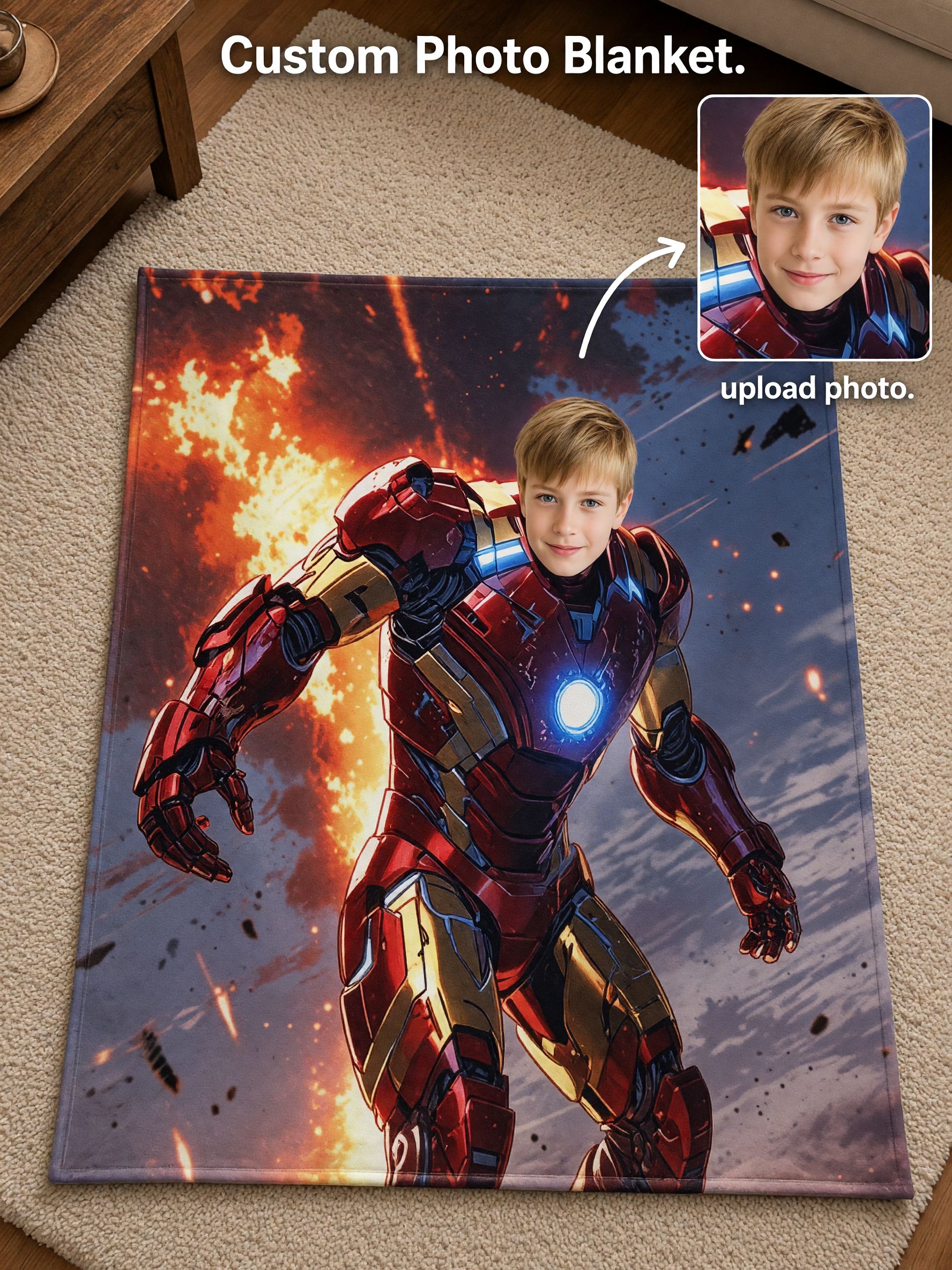 Custom Face Superhero Blanket, Personalized Photo Plush Flannel Throw, Cozy Armored Hero Gift