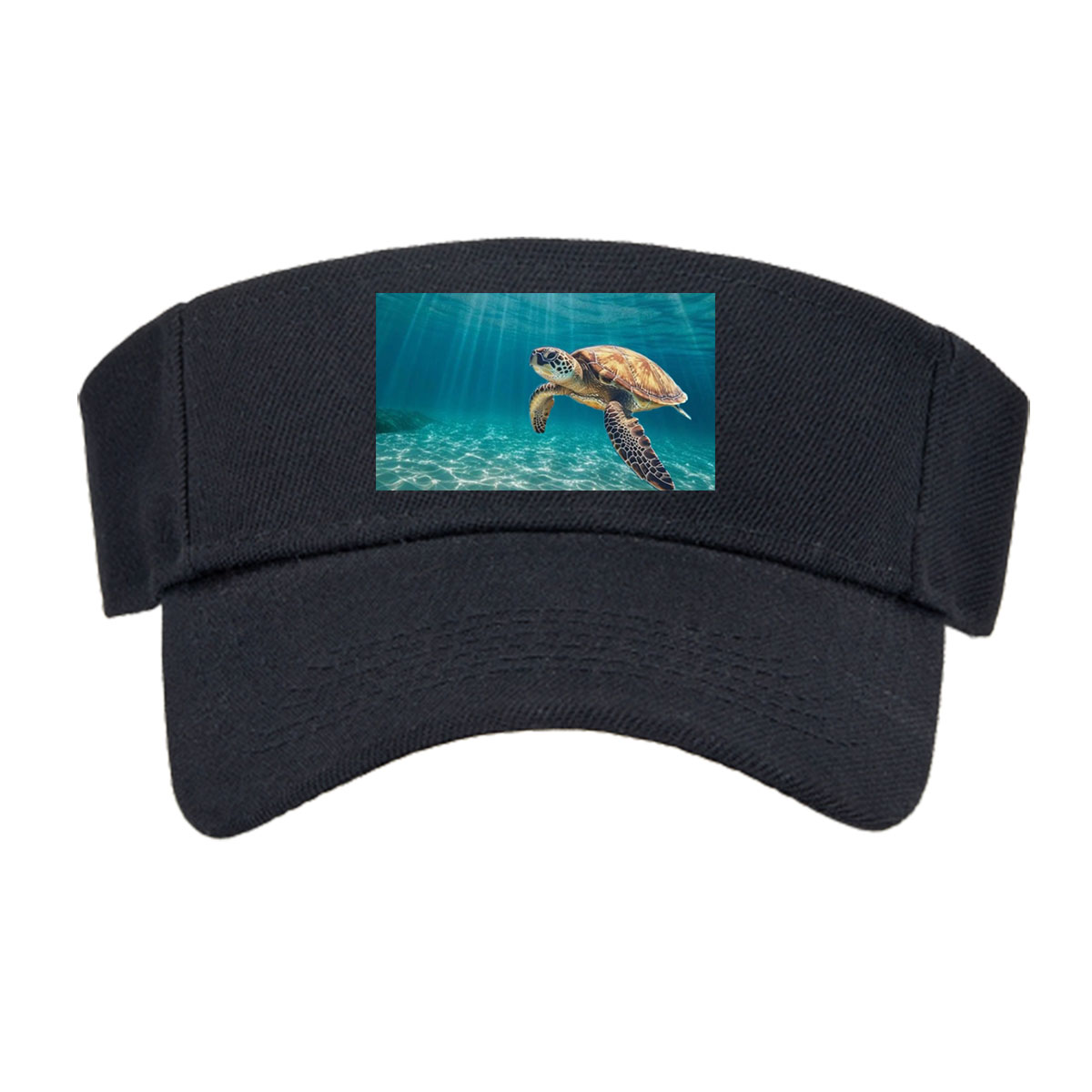 Sea turtle glides through sunlit waters, rays shimmering above. -  Visor cap