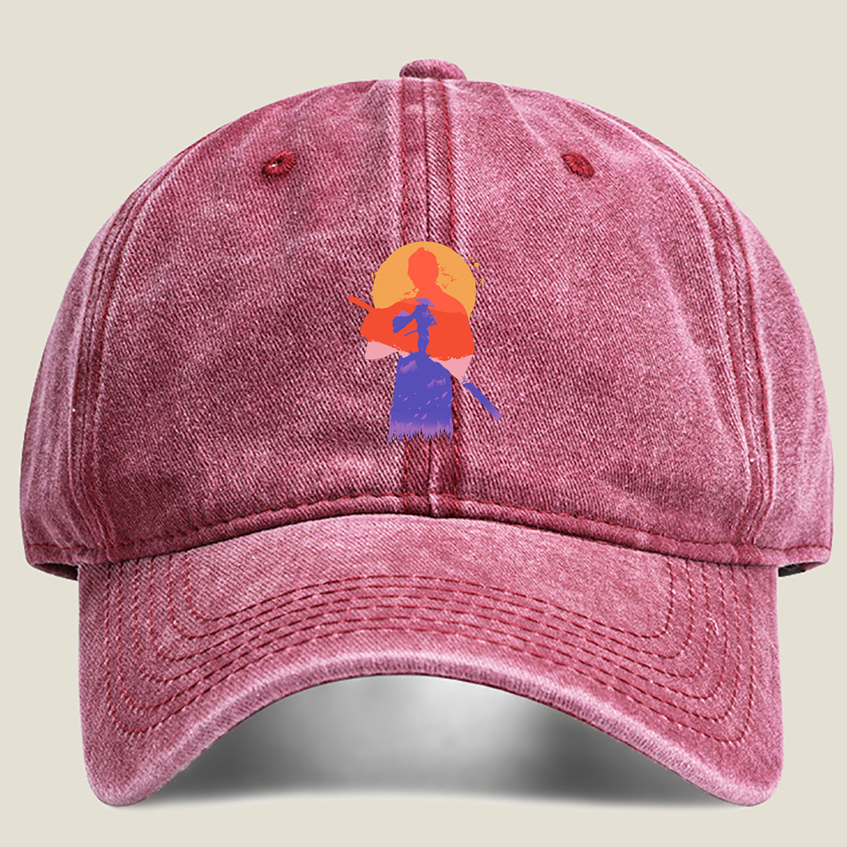 Samurai Silhouette at Sunset - Washed Denim - Baseball Cap