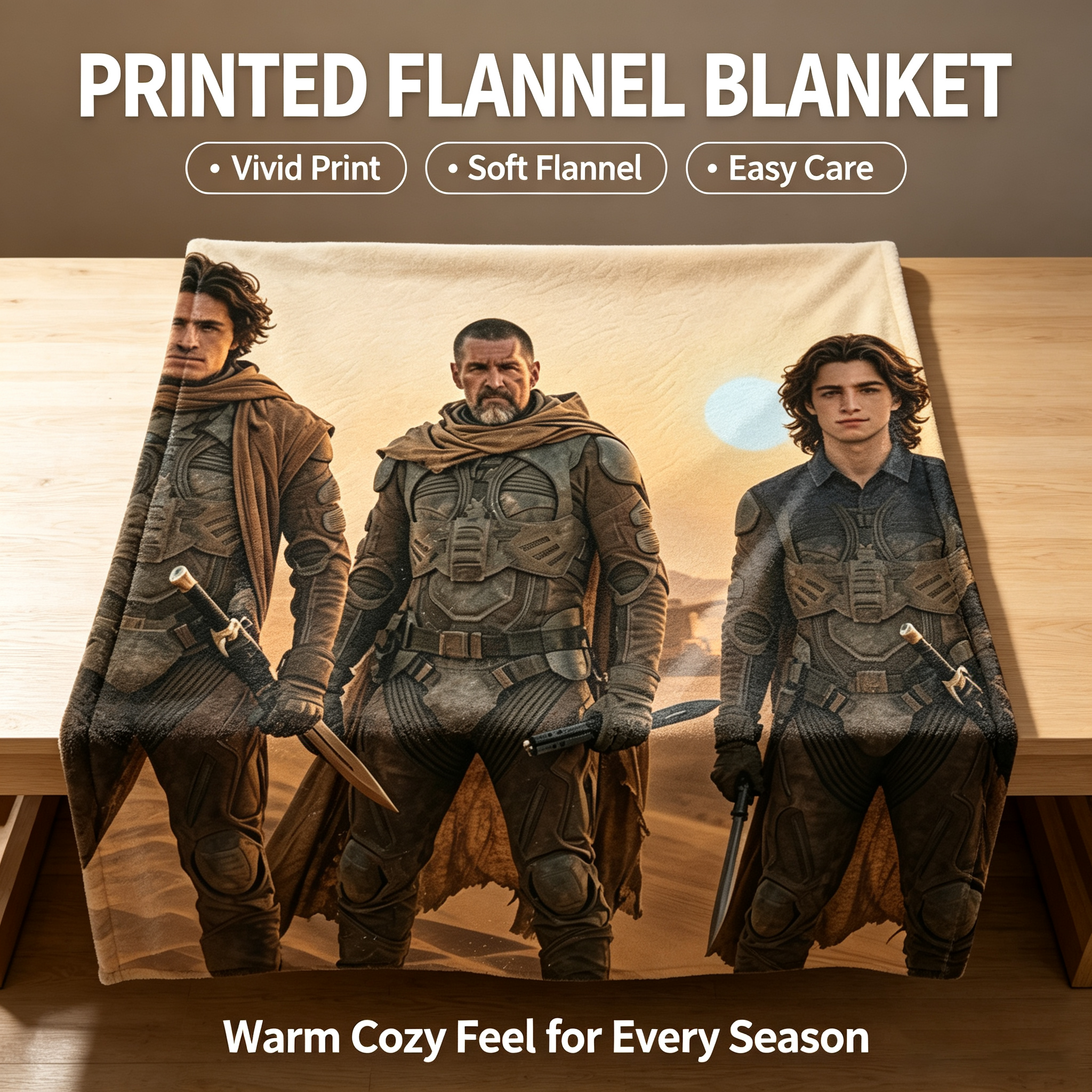 Custom Face Blanket Dune Movie Characters Flannel Blanket Desert Adventure Theme Cozy Bedding Gift for Fans and Collectors